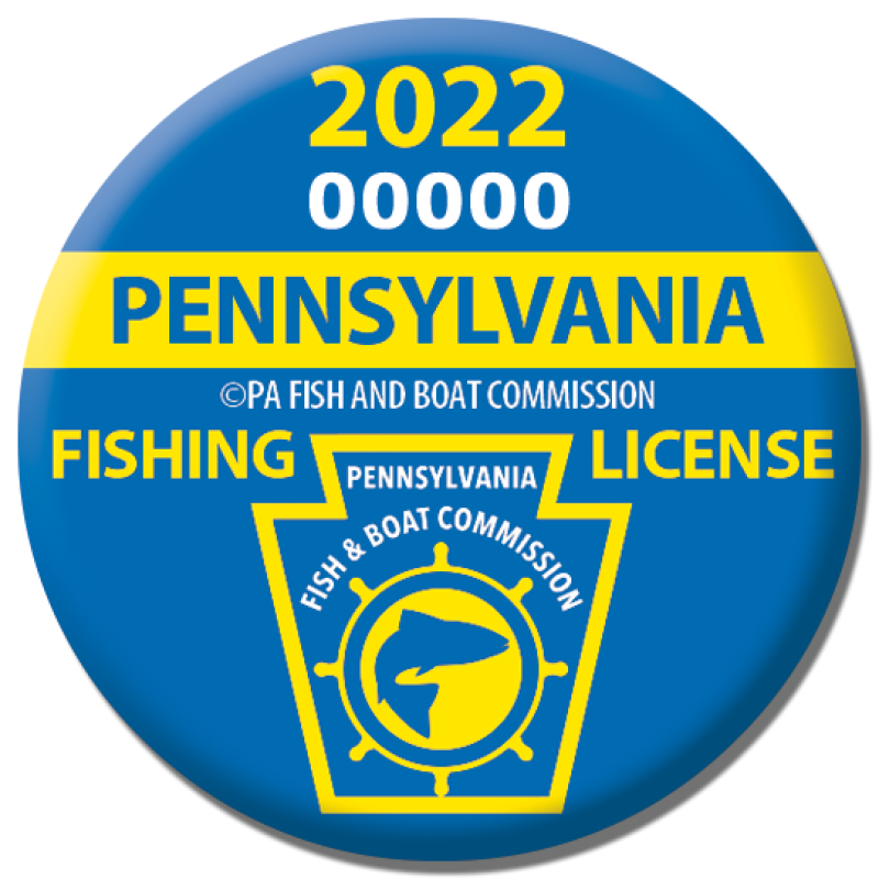 Display board with PA Resident fishing licenses 1923, 1925-1959, 1923-1997,  75-years button, 1974 & 1975 buttons